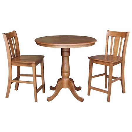 International Concepts Round 36 in Rd Extension Dining Table, 2 San Remo Stools, Distressed Oak, 36 in W, 48 in L, Wood K42-36RXT-6B-S102-2